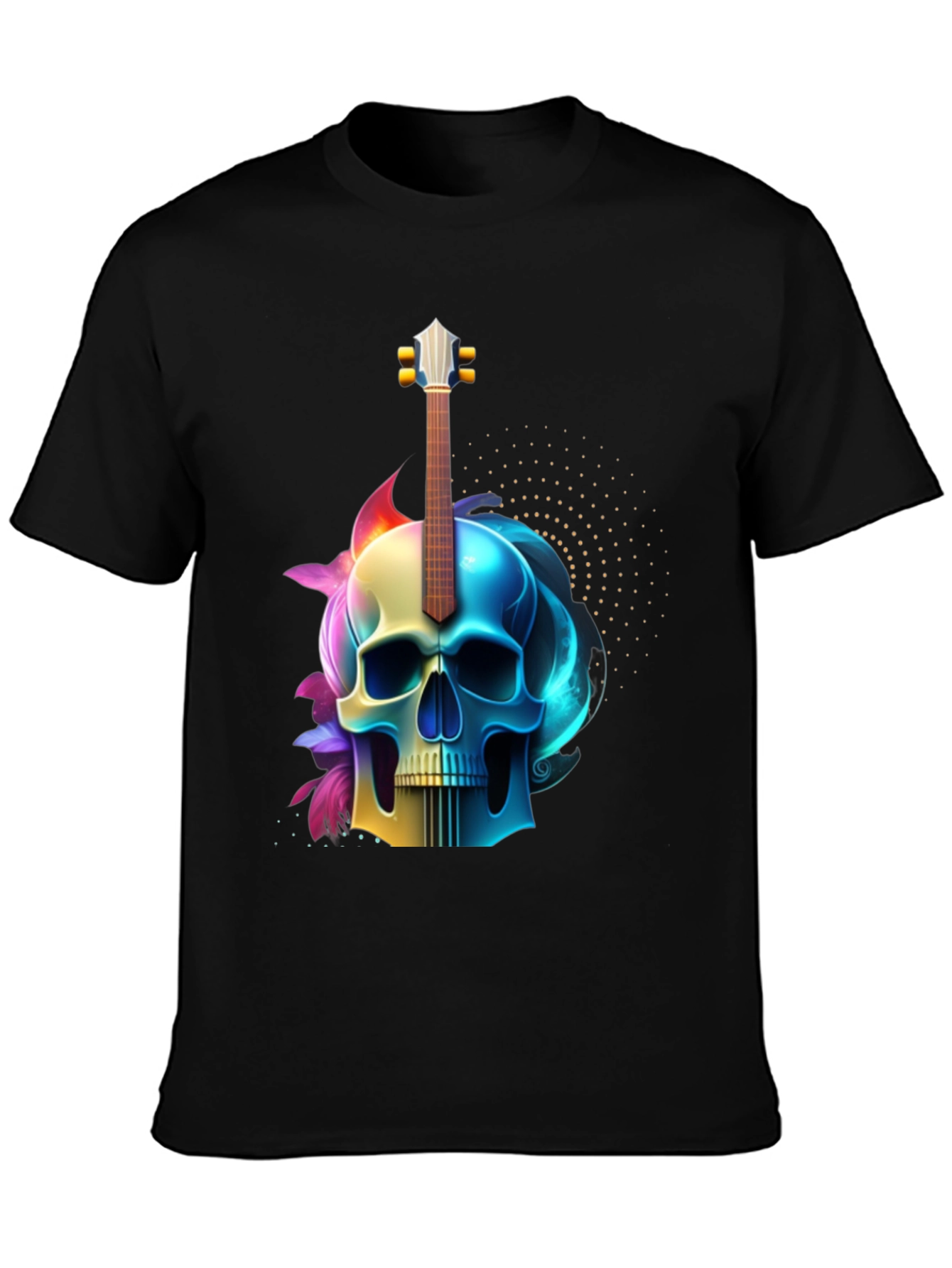 Camiseta Negra con Diseño de Calavera y Guitarra
