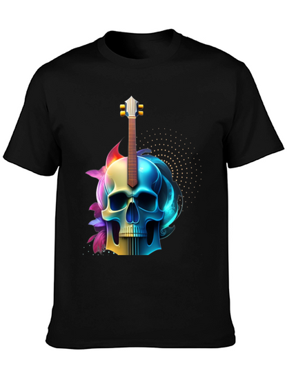 Camiseta Negra con Diseño de Calavera y Guitarra
