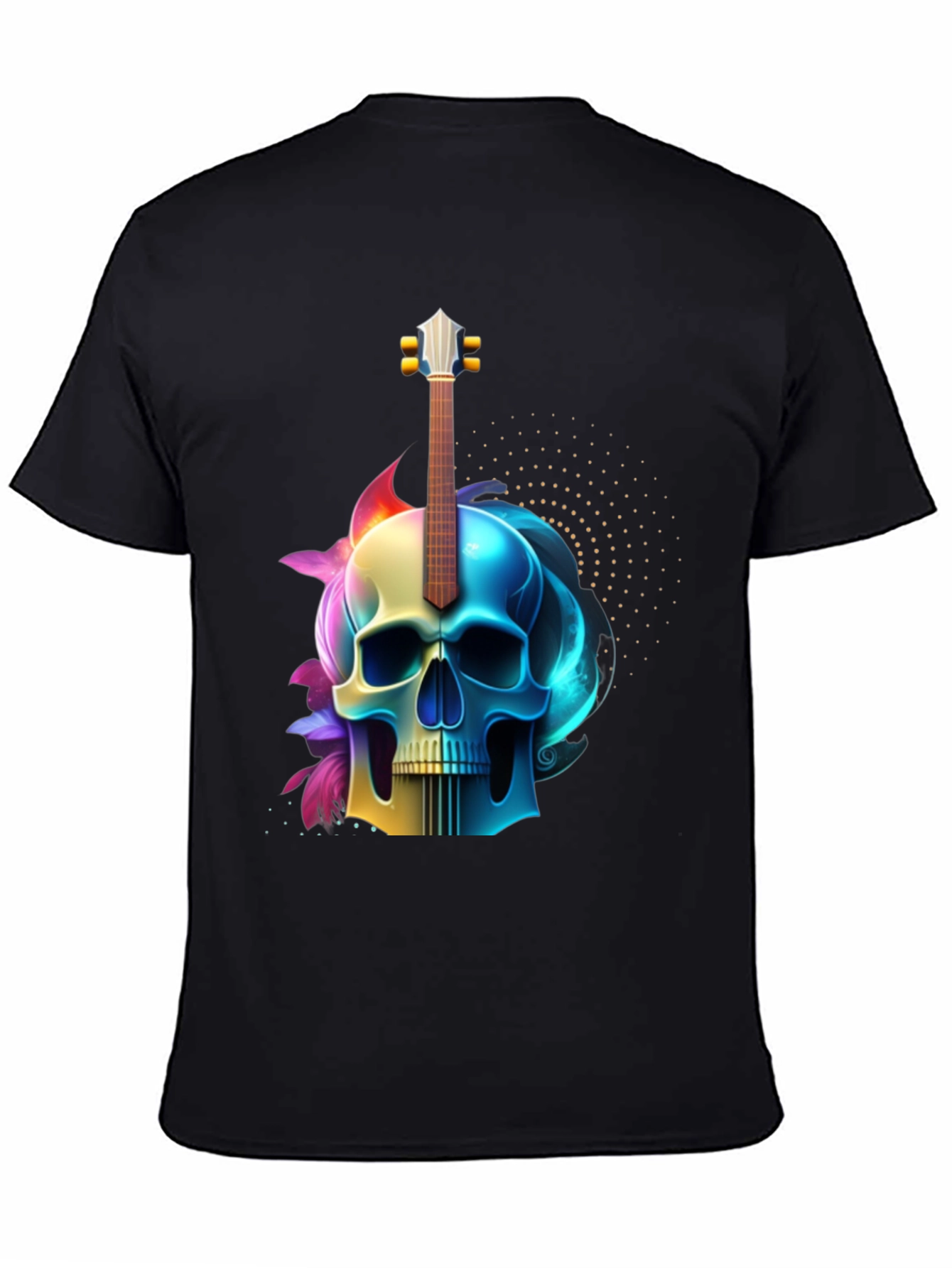 Camiseta Negra con Diseño de Calavera y Guitarra