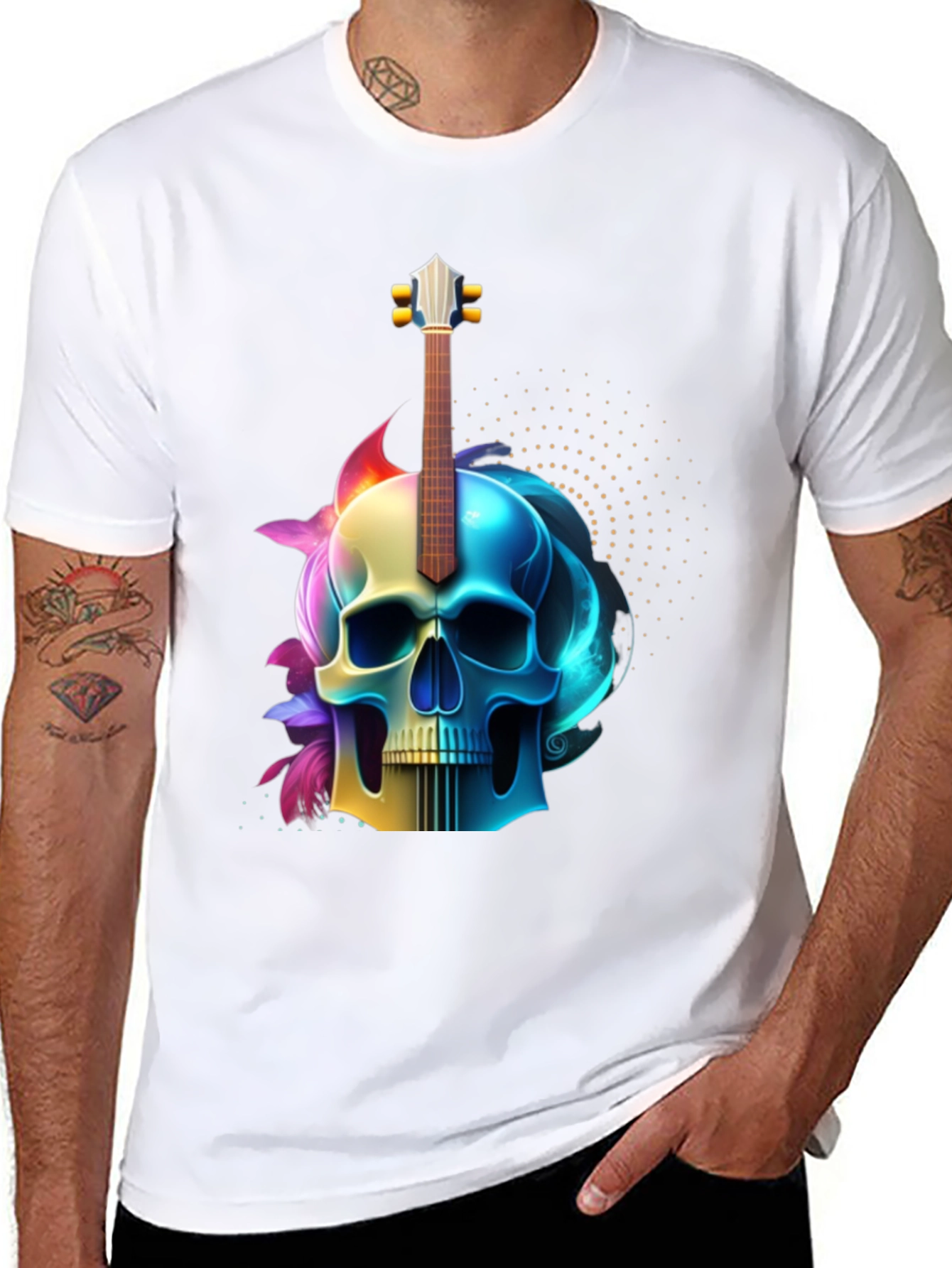 Camiseta Negra con Diseño de Calavera y Guitarra