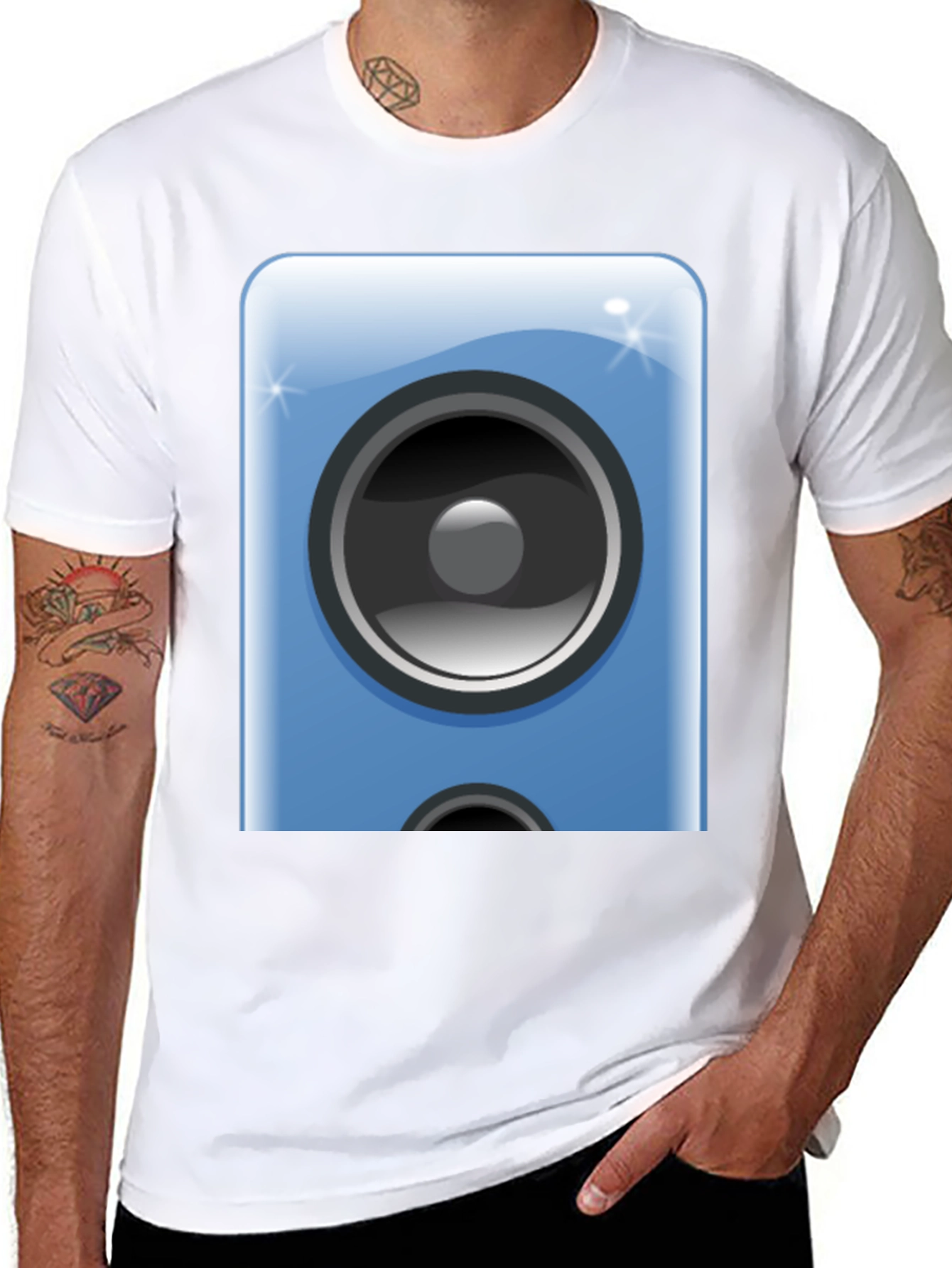 Camiseta Negra con Diseño de Altavoz Azul
