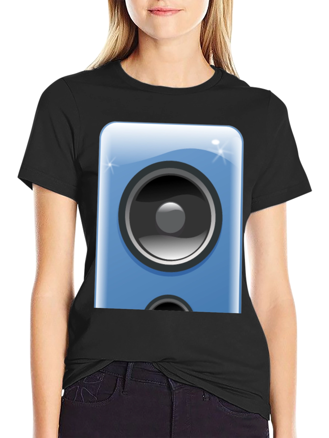 Camiseta Negra con Diseño de Altavoz Azul