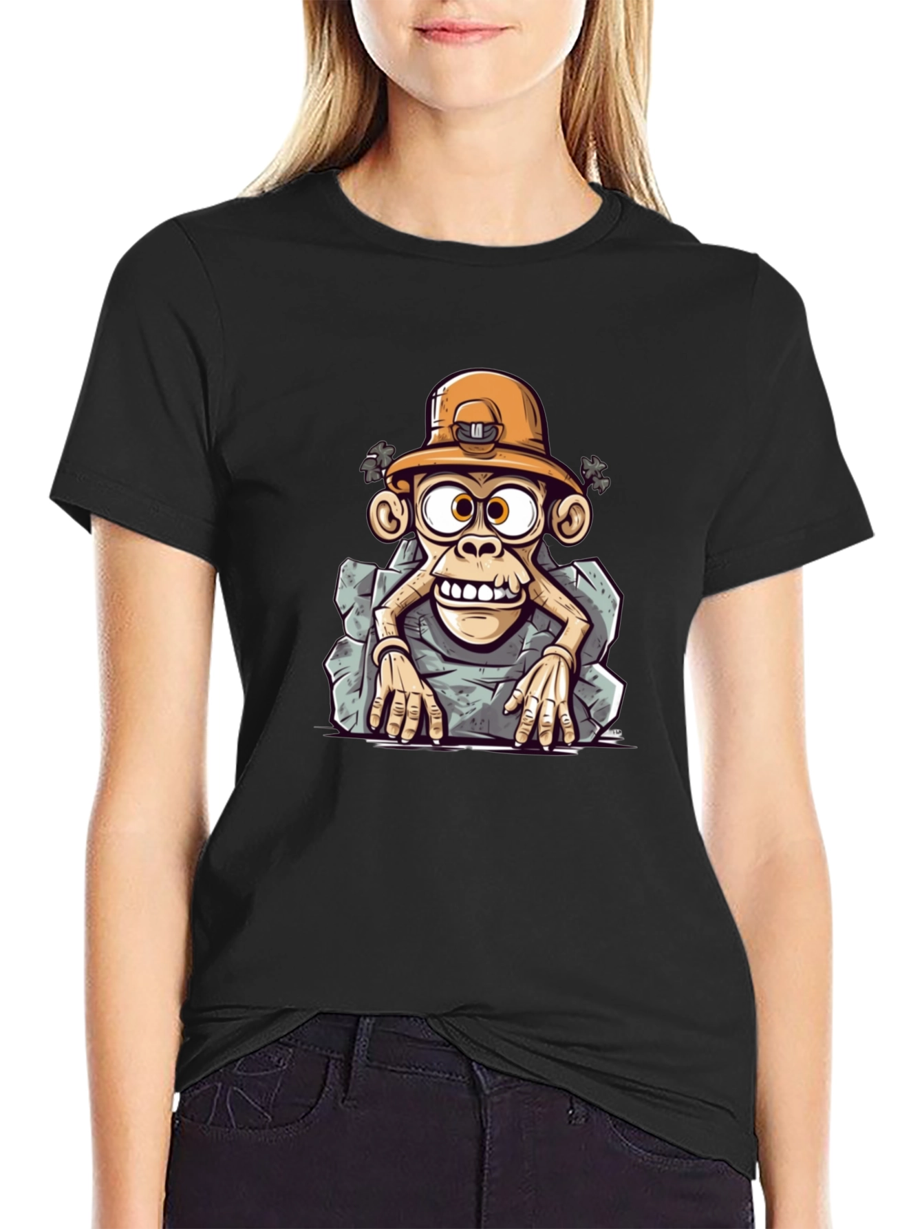 Camiseta Negra Estampada Mono Minero Divertido