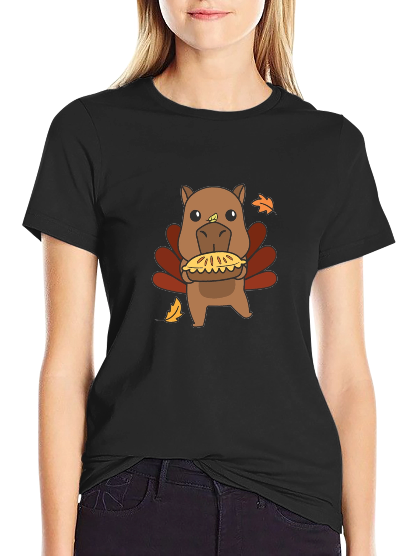 Camiseta Negra con Diseño Divertido de Pavo-Hipopótamo