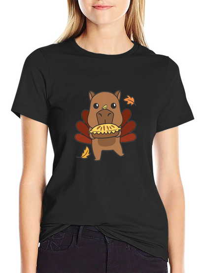Camiseta Negra con Diseño Divertido de Pavo-Hipopótamo