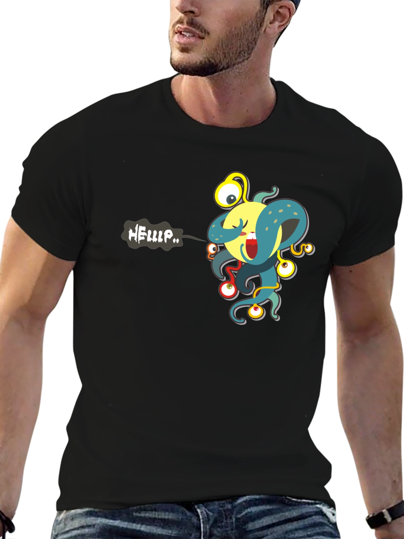 Camiseta Negra con Estampado de Monstruo Divertido