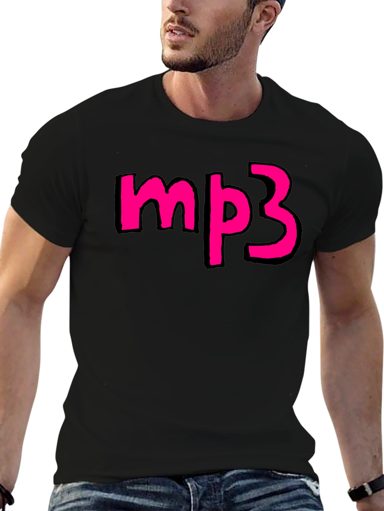 Camiseta Negra con Diseño mp3 Rosa