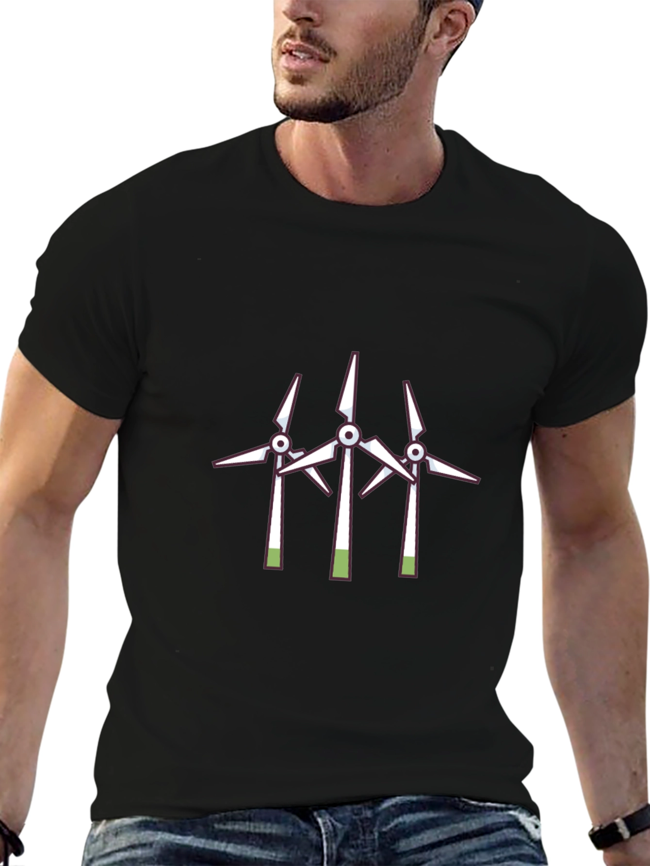 Camiseta Negra con Diseño de Molinos Eólicos