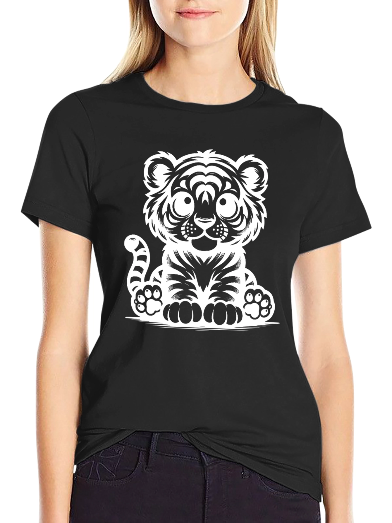 Camiseta Negra con Diseño de Tigre Adorable