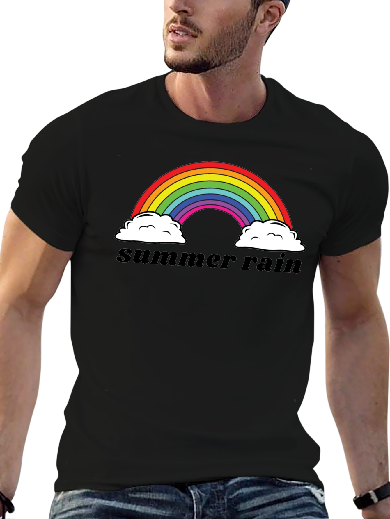 Camiseta Negra Summer Rain Arcoíris Algodón