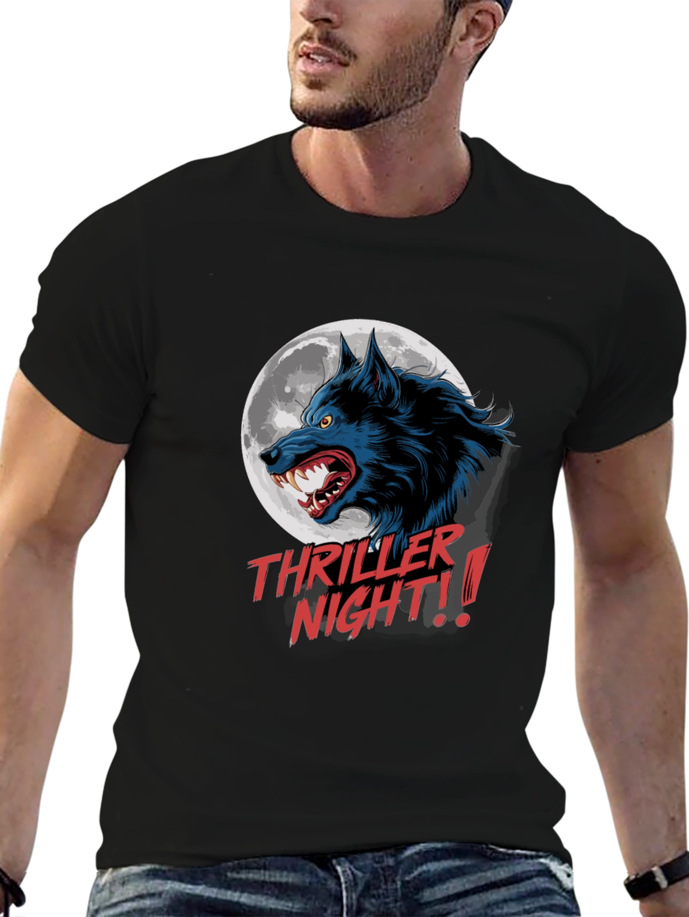 Camiseta Negra Hombre Thriller Night Lobo Aullando