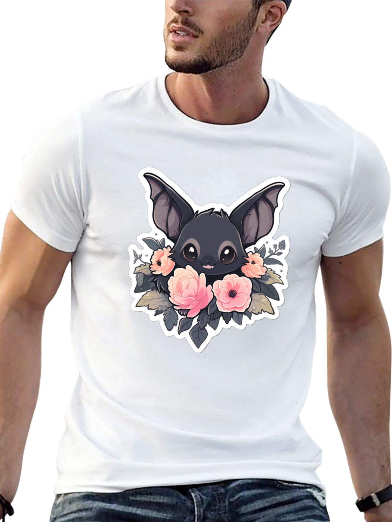 Camiseta Negra con Diseño de Murciélago Floral