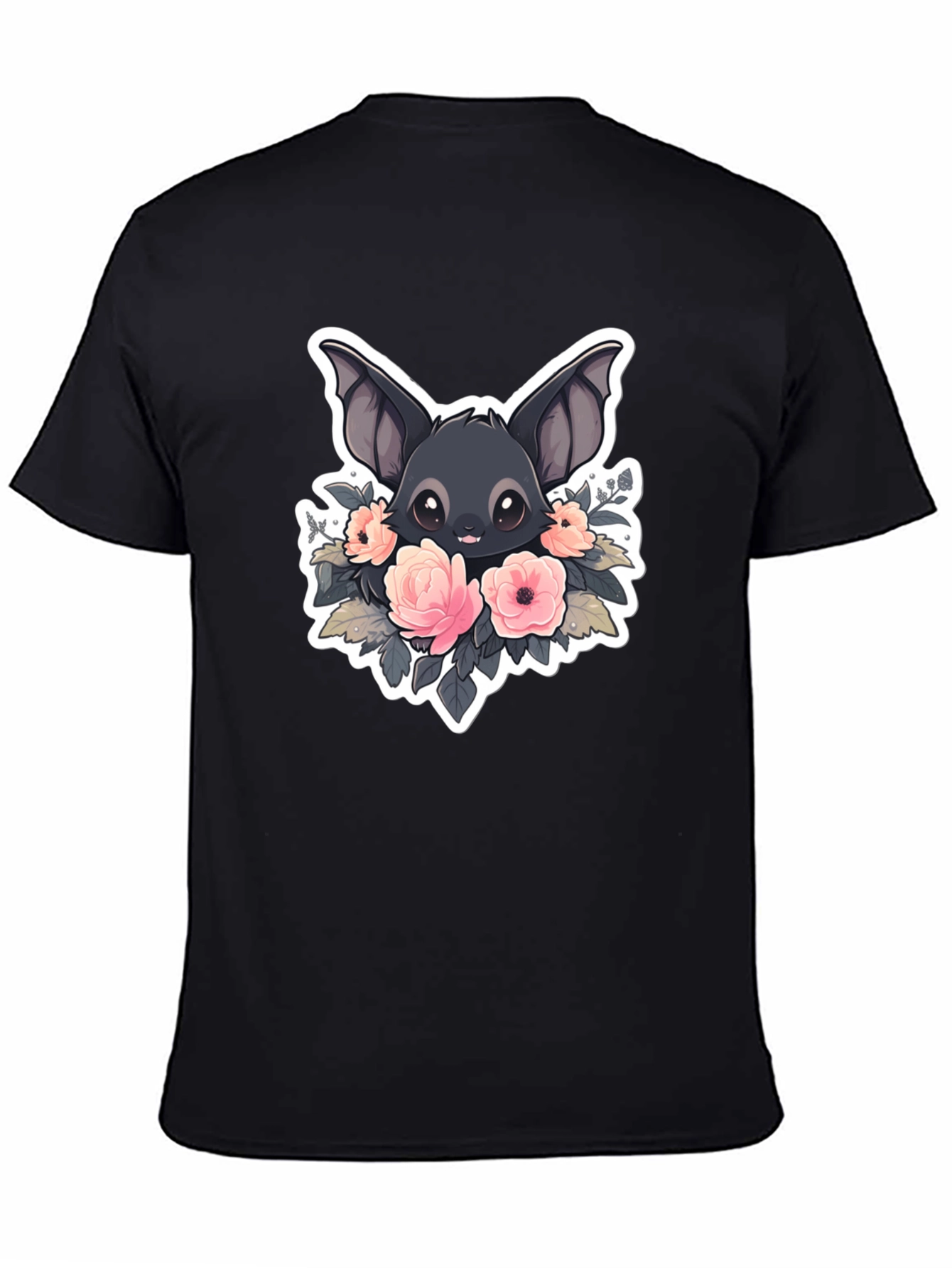 Camiseta Negra con Diseño de Murciélago Floral