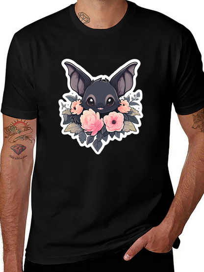 Camiseta Negra con Diseño de Murciélago Floral