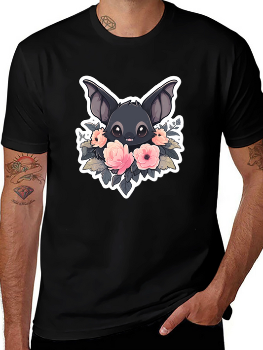 Camiseta Negra con Diseño de Murciélago Floral