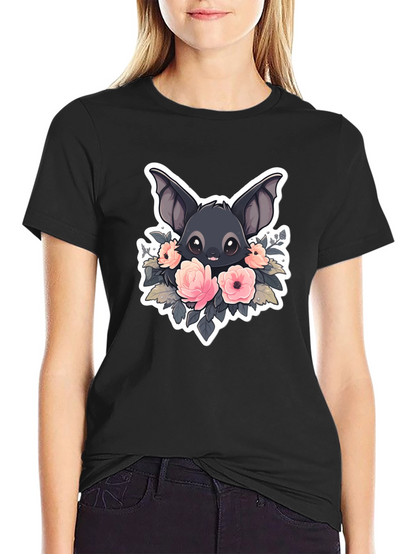 Camiseta Negra con Diseño de Murciélago Floral
