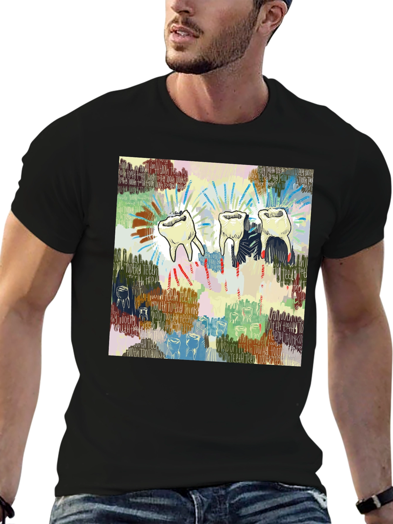 Camiseta Negra con Diseño de Dientes Abstractos