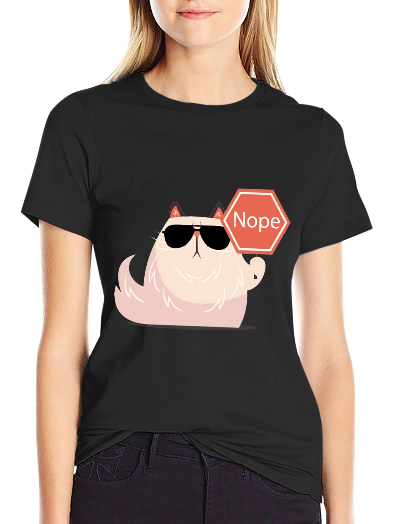 Camiseta Negra con Gato Nope - Estilo Divertido