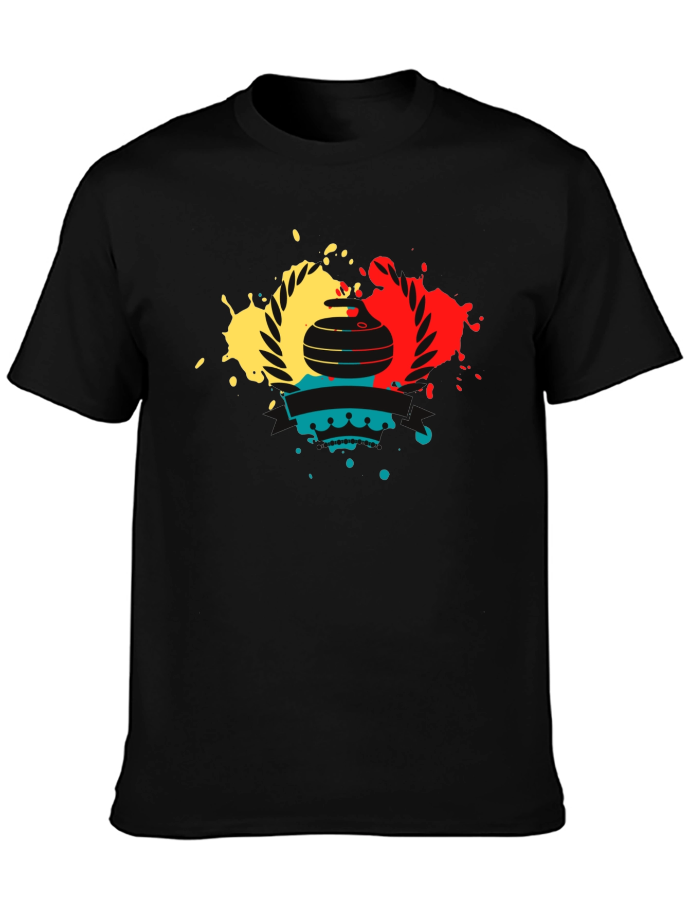 Camiseta Negra con Diseño de Curling Abstracto