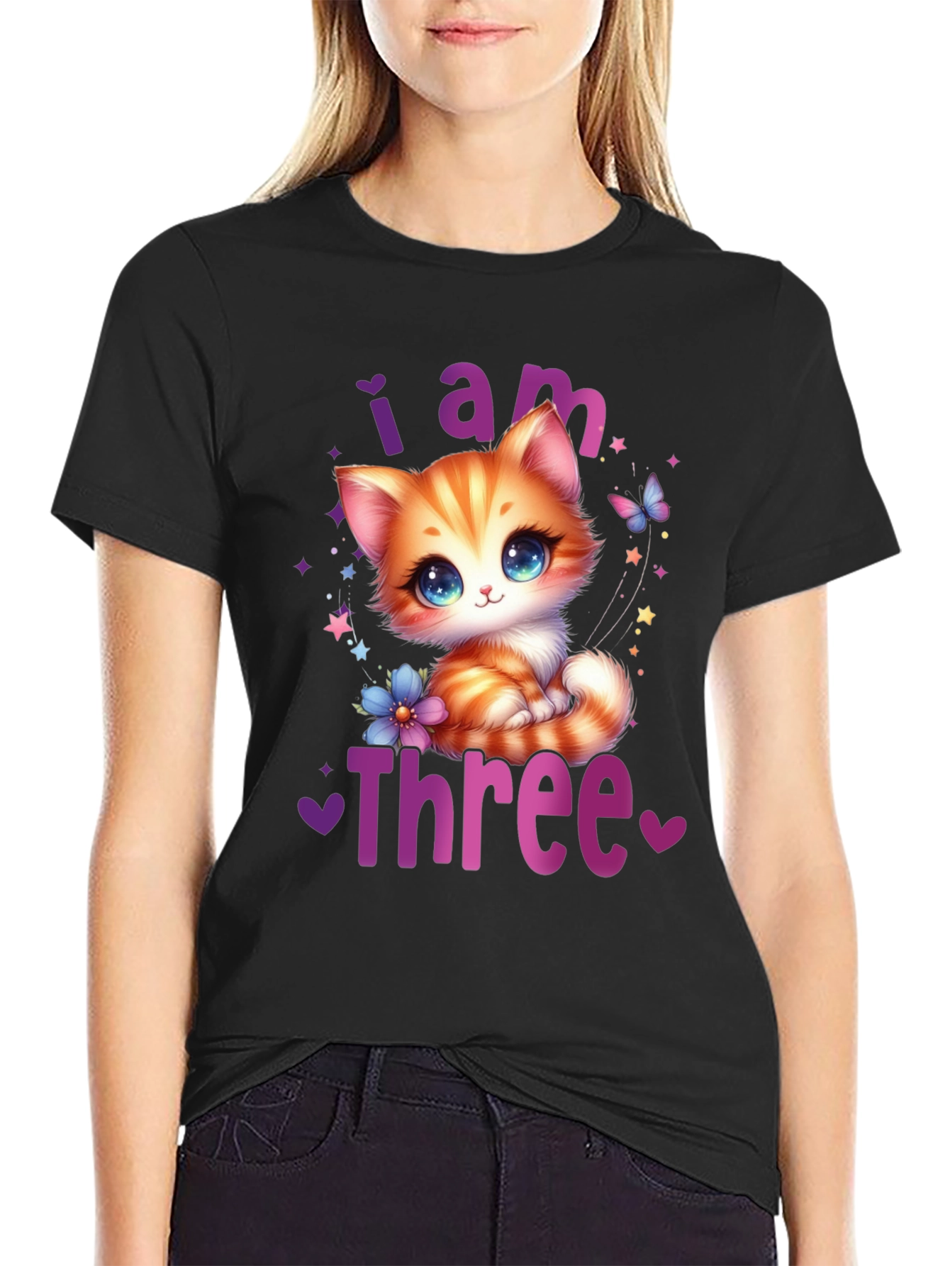 Camiseta Negra Soy Tres con Gato Adorable