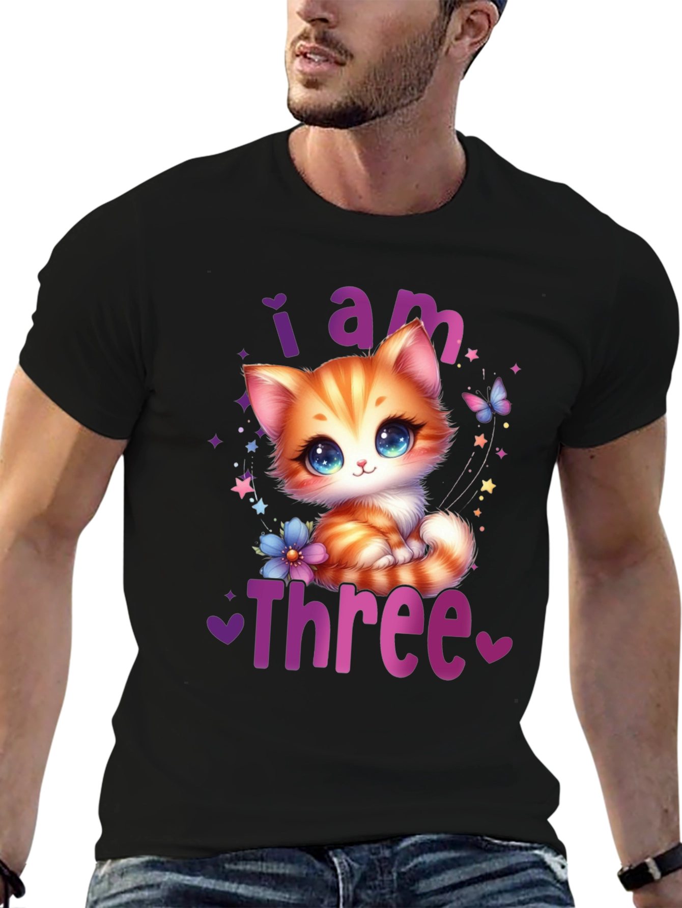 Camiseta Negra Soy Tres con Gato Adorable