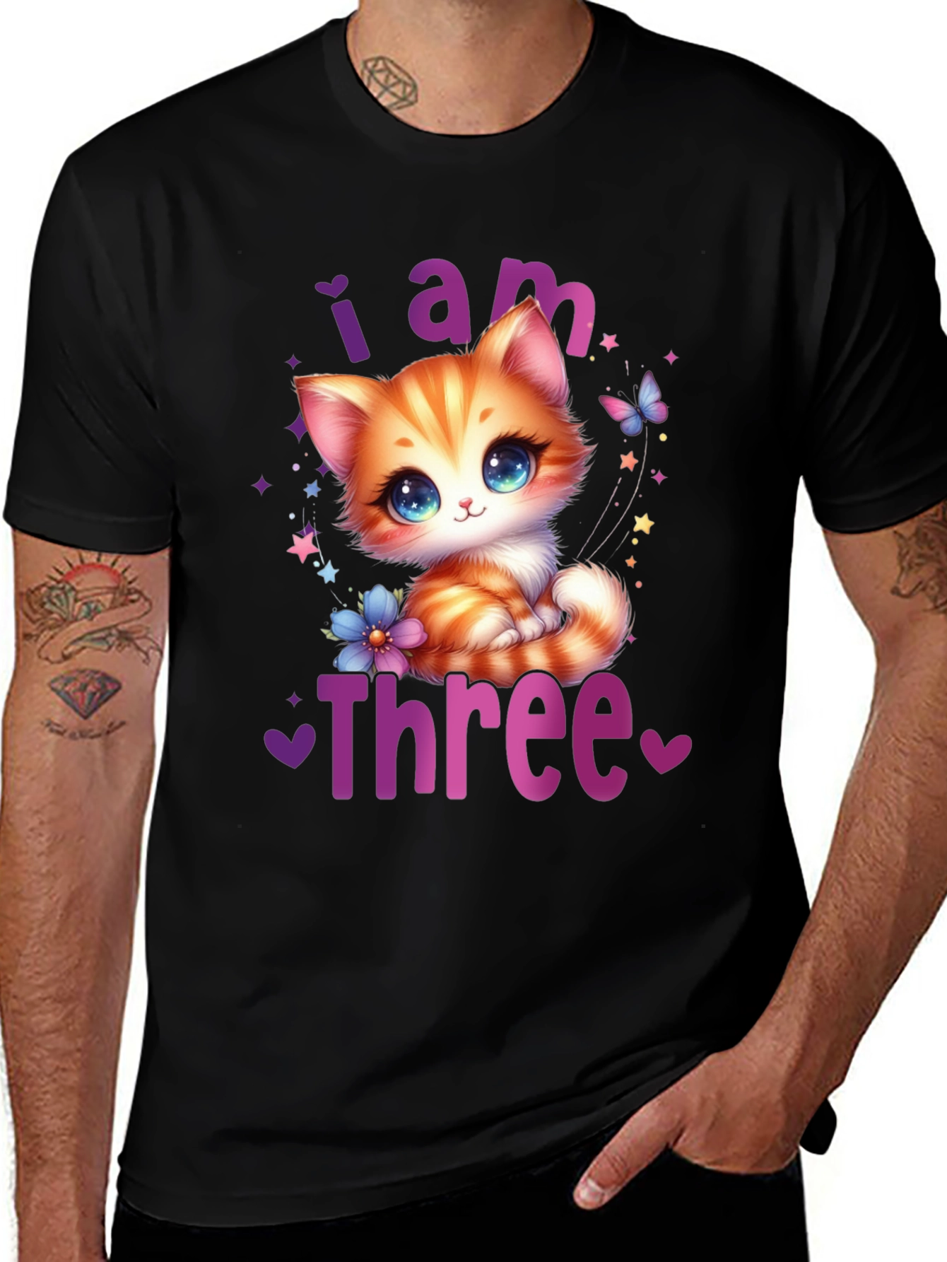 Camiseta Negra Soy Tres con Gato Adorable