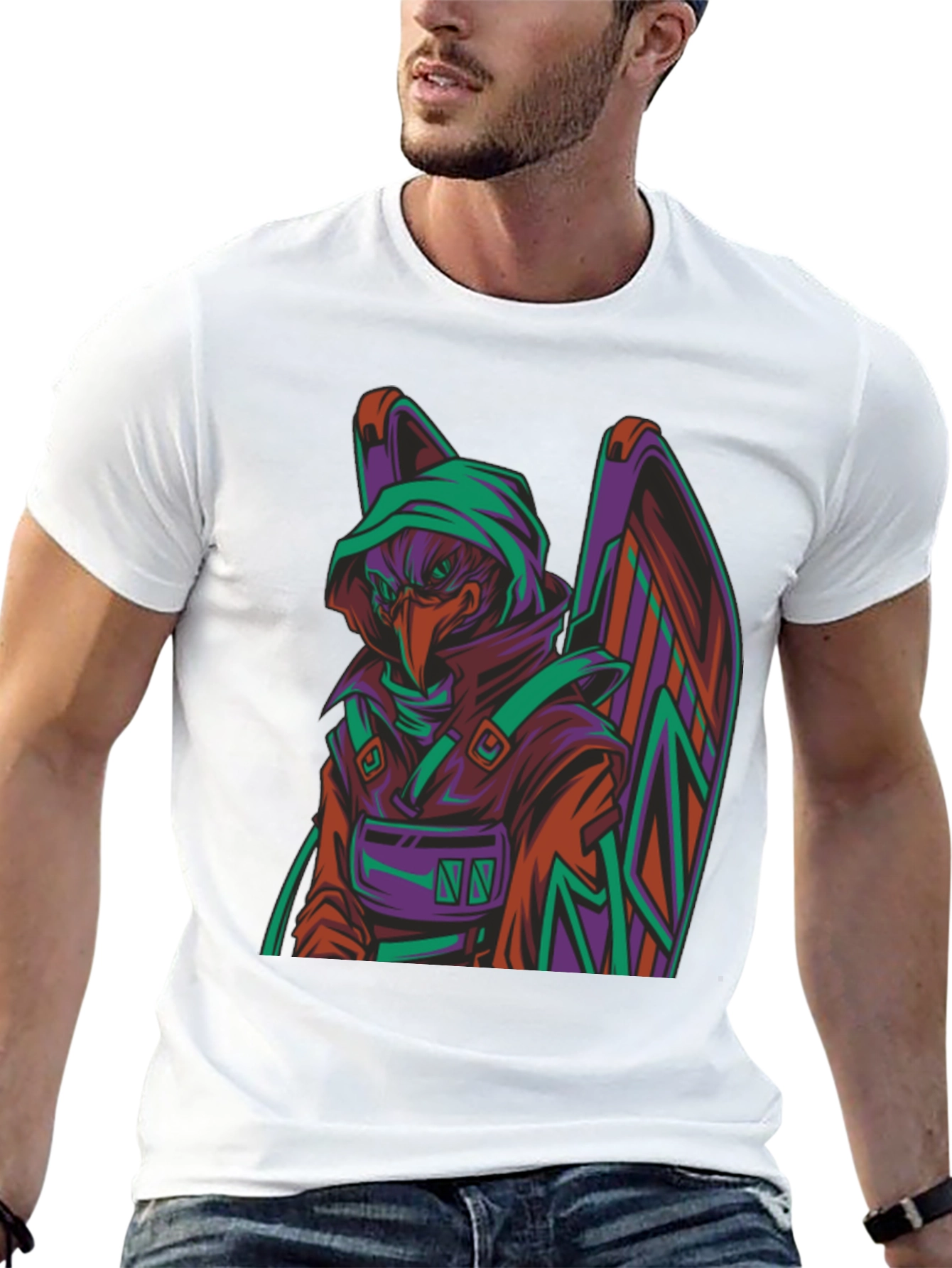 Camiseta Negra con Diseño de Cuervo Cibernético