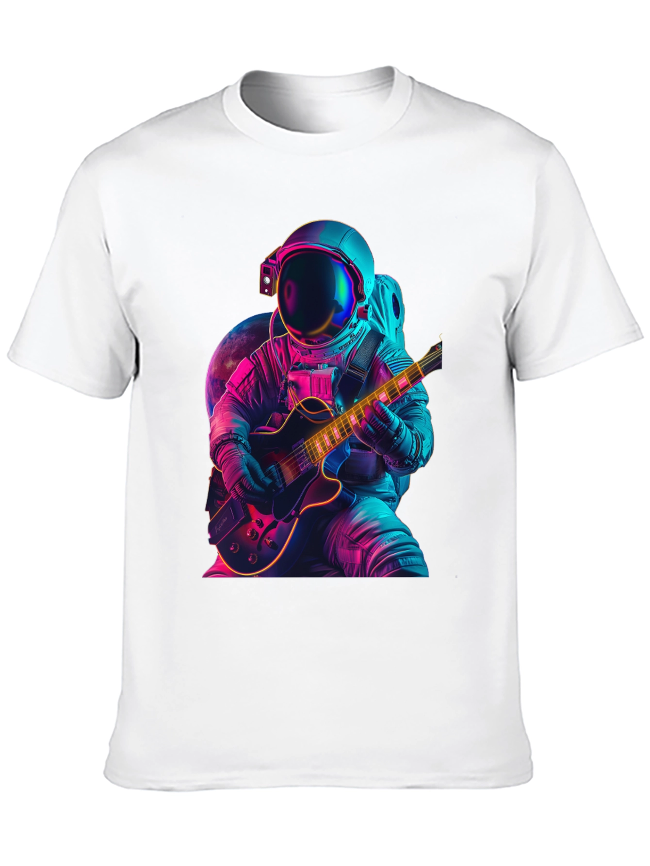 Camiseta Negra con Astronauta Guitarrista Neón