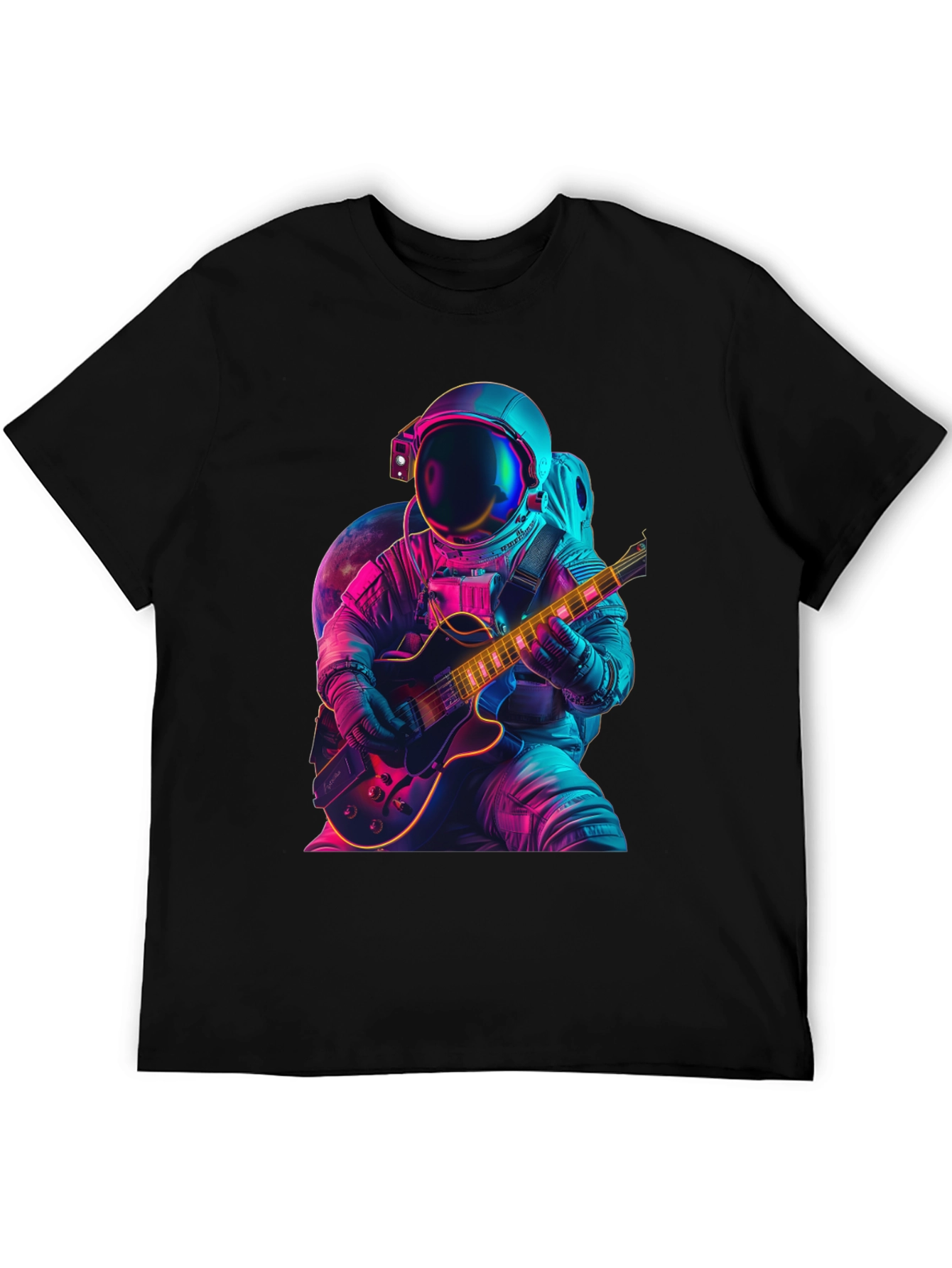 Camiseta Negra con Astronauta Guitarrista Neón