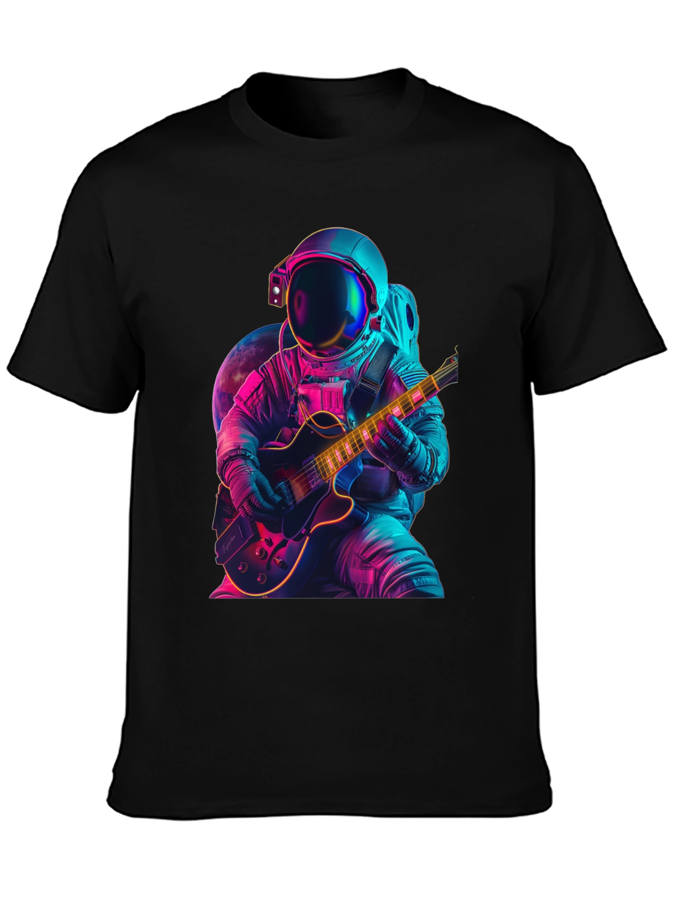 Camiseta Negra con Astronauta Guitarrista Neón