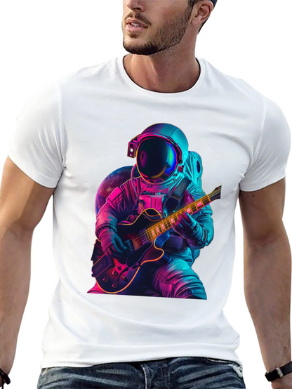 Camiseta Negra con Astronauta Guitarrista Neón