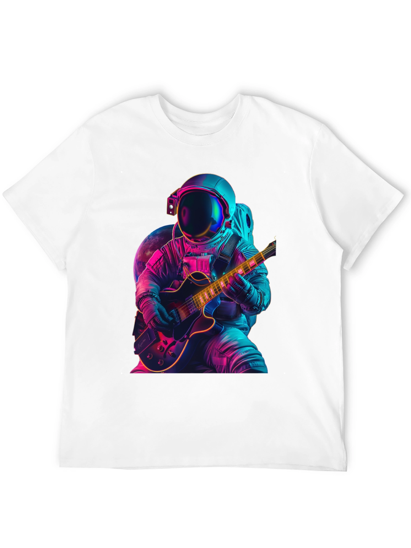 Camiseta Negra con Astronauta Guitarrista Neón