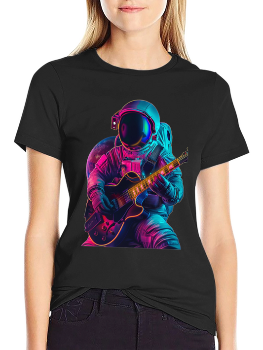 Camiseta Negra con Astronauta Guitarrista Neón