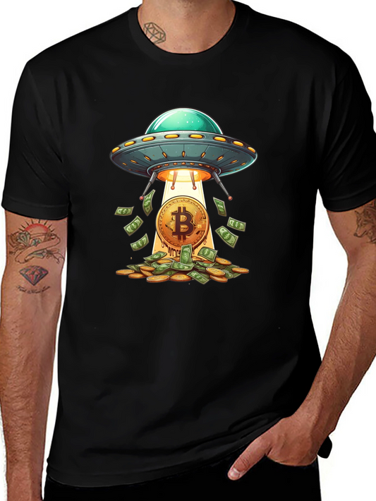 Camiseta Negra: Ovni Bitcoin y Lluvia de Dinero