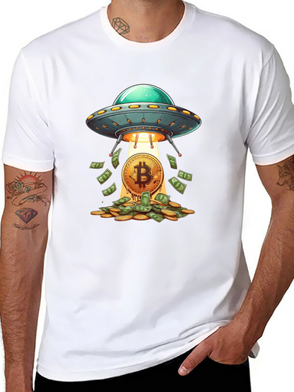 Camiseta Negra: Ovni Bitcoin y Lluvia de Dinero