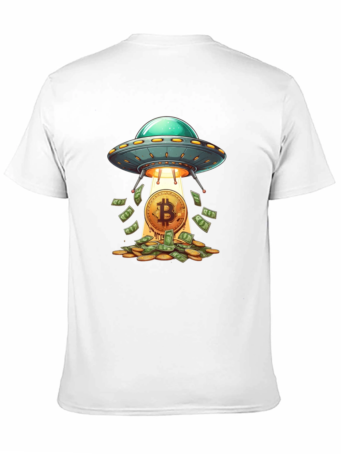 Camiseta Negra: Ovni Bitcoin y Lluvia de Dinero