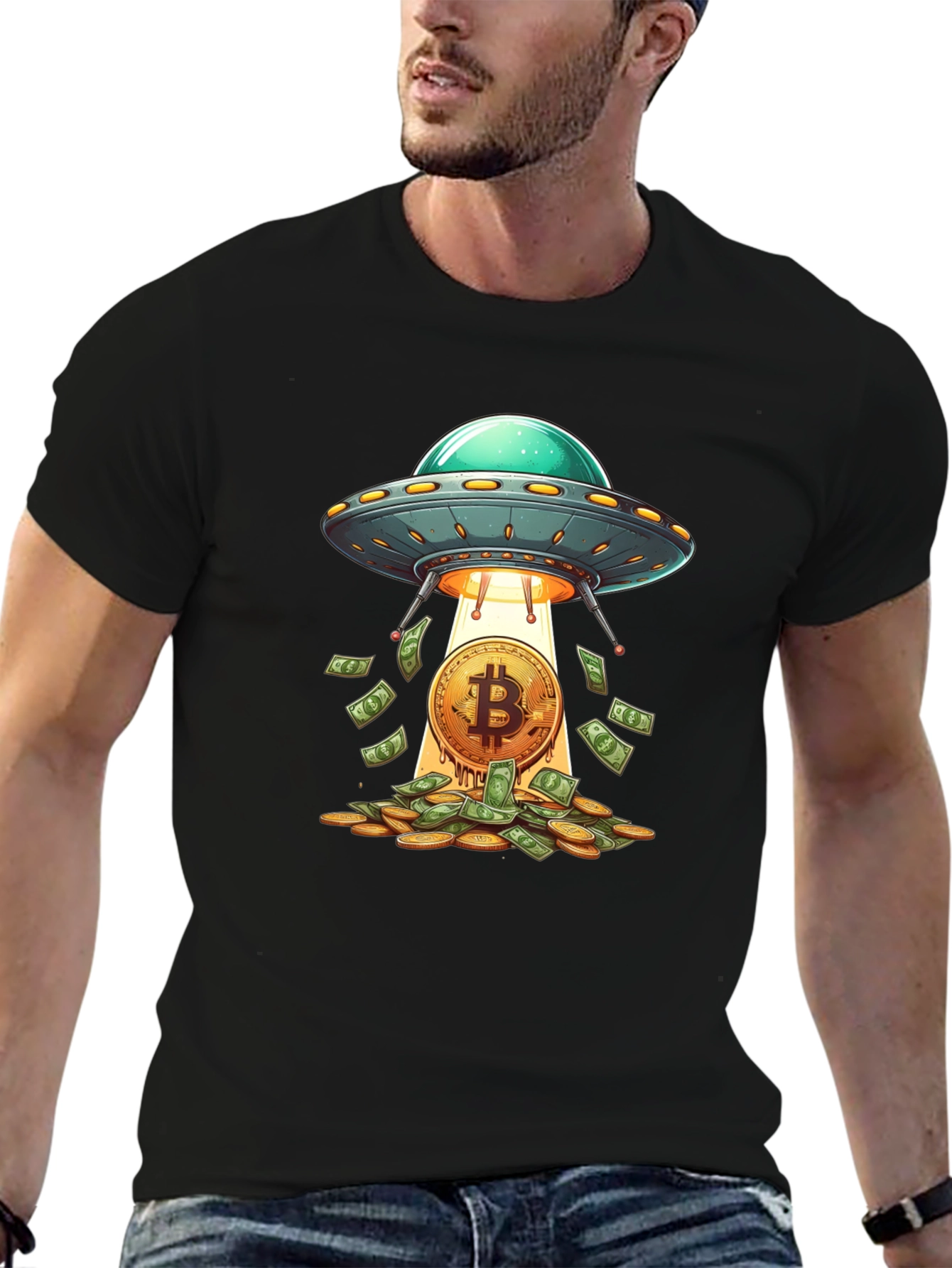 Camiseta Negra: Ovni Bitcoin y Lluvia de Dinero