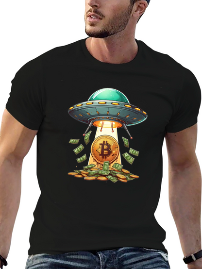 Camiseta Negra: Ovni Bitcoin y Lluvia de Dinero