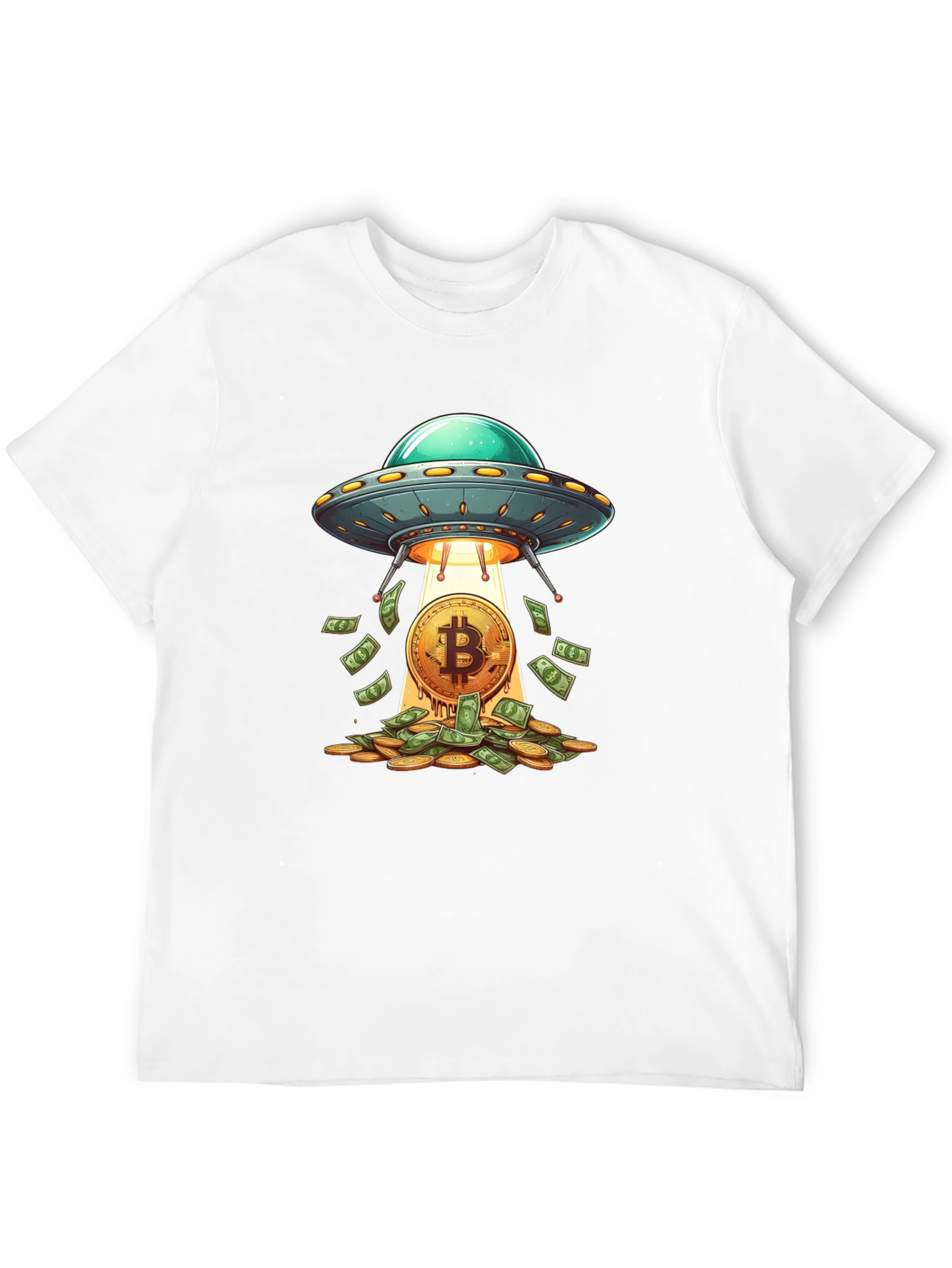 Camiseta Negra: Ovni Bitcoin y Lluvia de Dinero