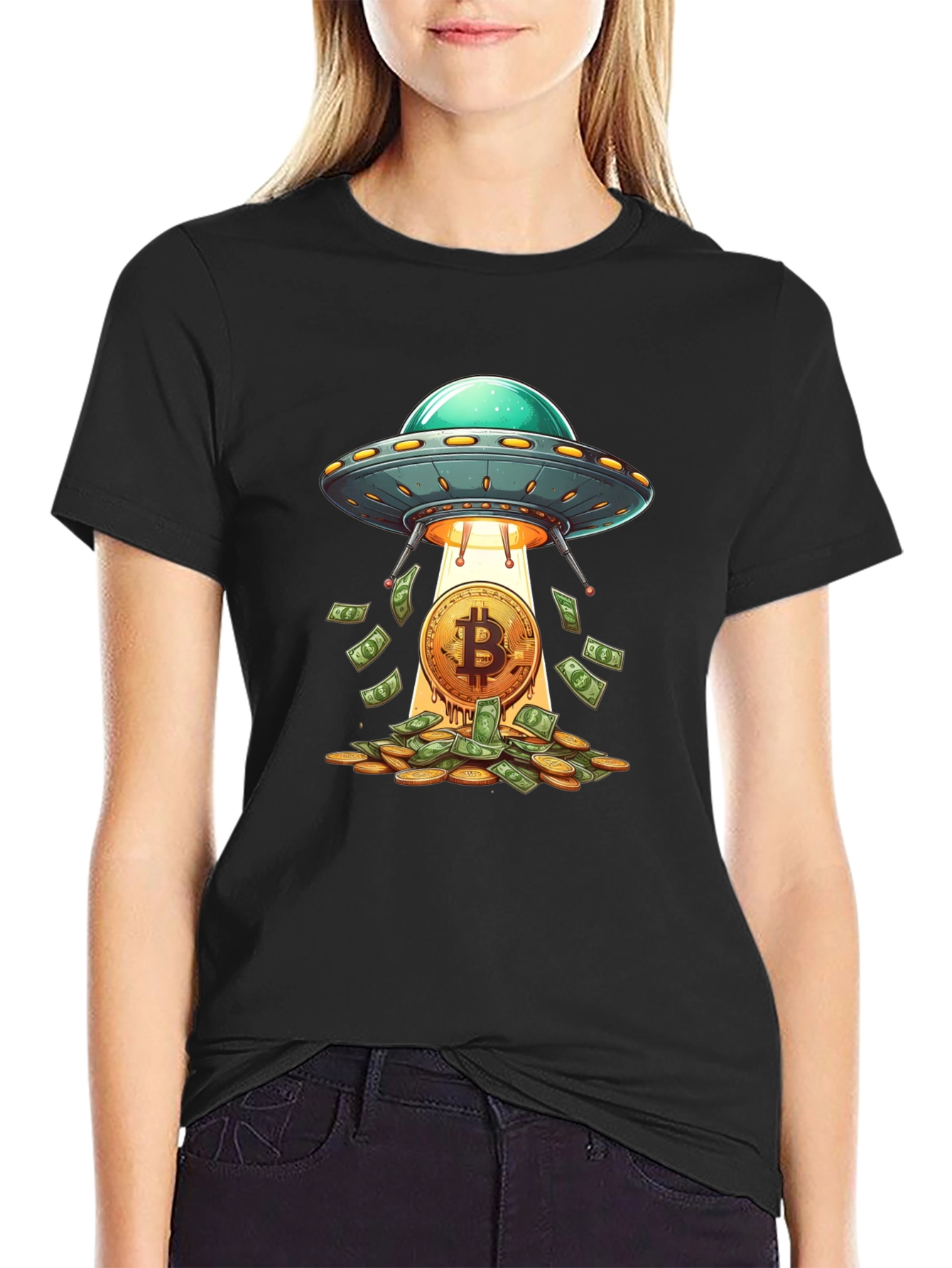Camiseta Negra: Ovni Bitcoin y Lluvia de Dinero