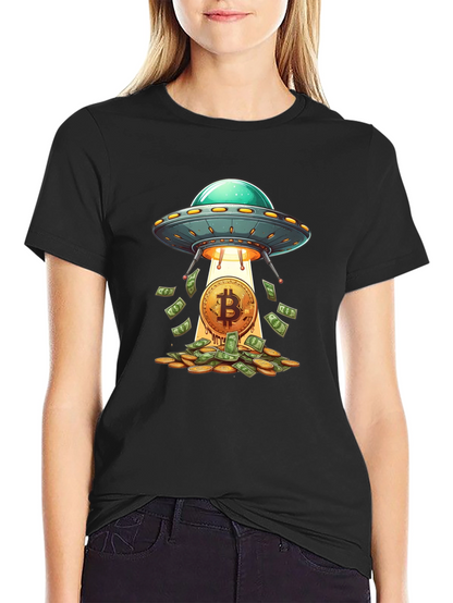 Camiseta Negra: Ovni Bitcoin y Lluvia de Dinero