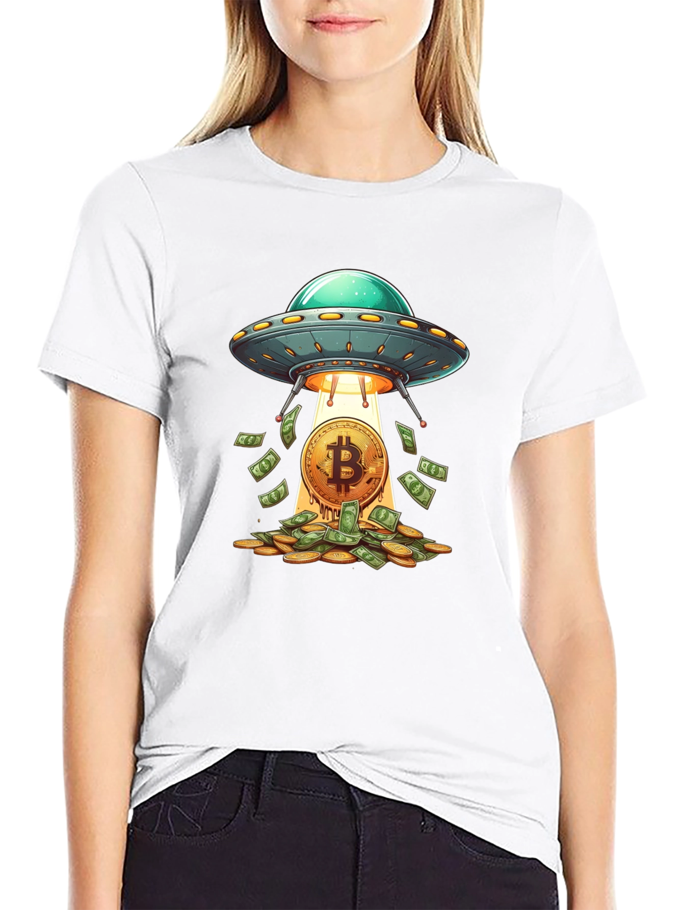 Camiseta Negra: Ovni Bitcoin y Lluvia de Dinero