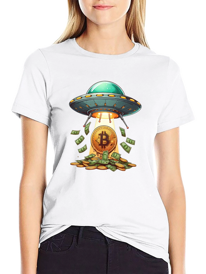 Camiseta Negra: Ovni Bitcoin y Lluvia de Dinero