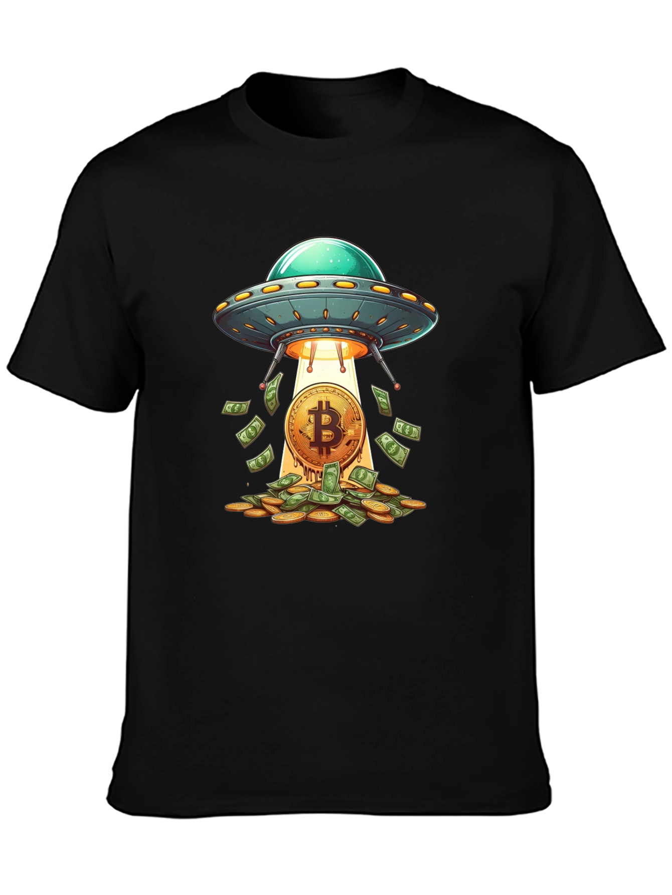 Camiseta Negra: Ovni Bitcoin y Lluvia de Dinero