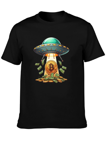 Camiseta Negra: Ovni Bitcoin y Lluvia de Dinero