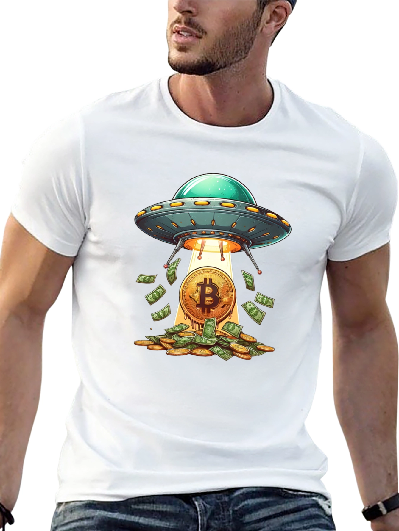 Camiseta Negra: Ovni Bitcoin y Lluvia de Dinero
