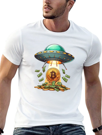 Camiseta Negra: Ovni Bitcoin y Lluvia de Dinero
