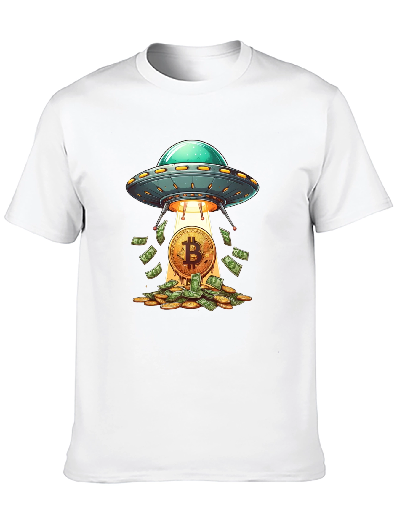 Camiseta Negra: Ovni Bitcoin y Lluvia de Dinero