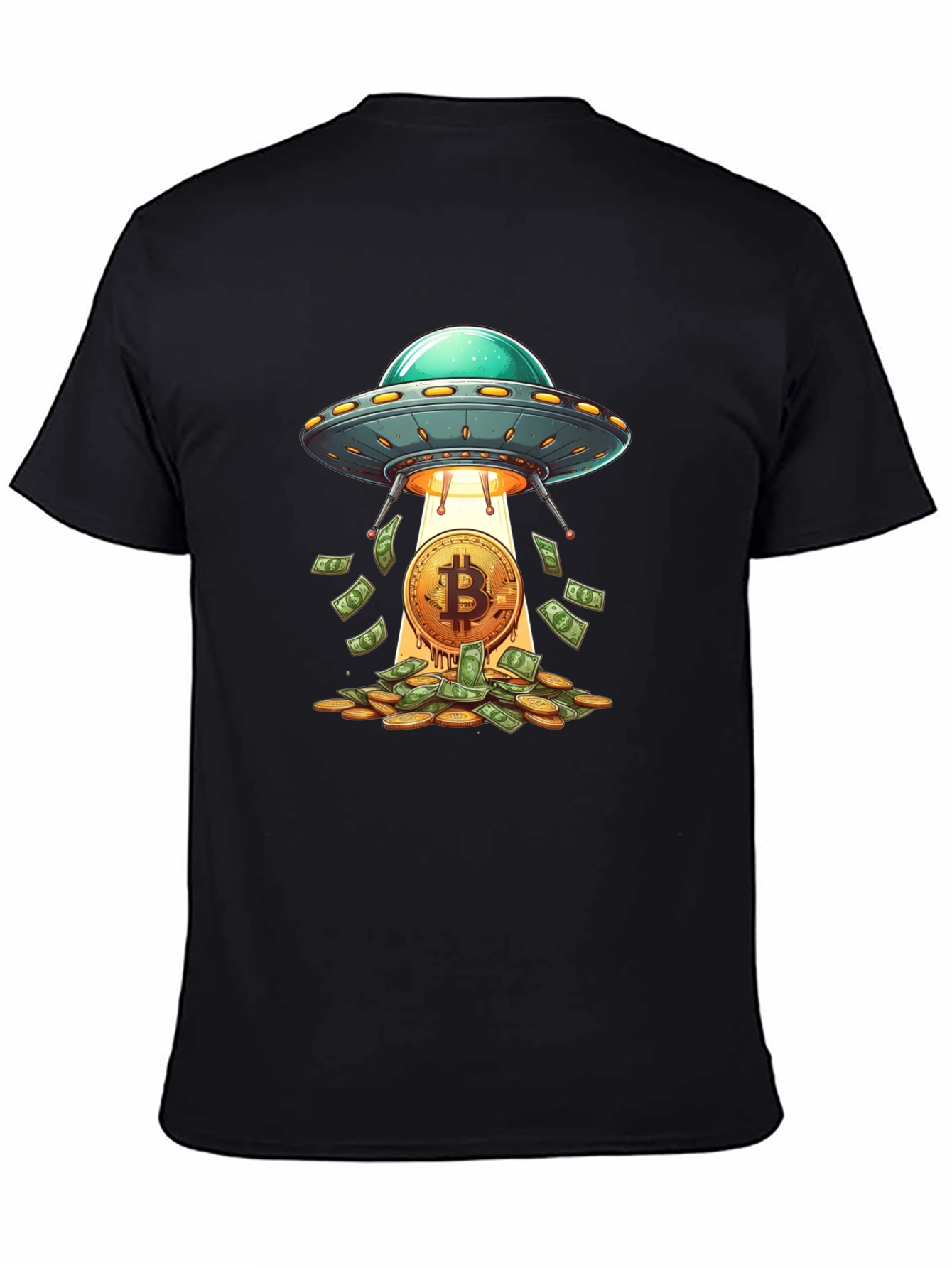 Camiseta Negra: Ovni Bitcoin y Lluvia de Dinero
