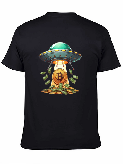 Camiseta Negra: Ovni Bitcoin y Lluvia de Dinero